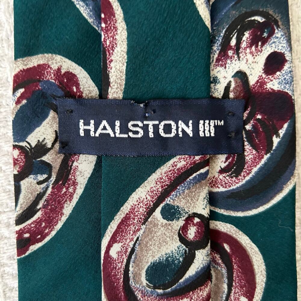 Vintage Halston Italian Silk Tie Teal Paisley - Picture 2 of 6